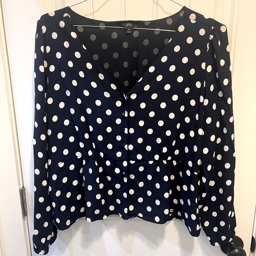J. Crew Navy Polka Dot Peplum Blouse